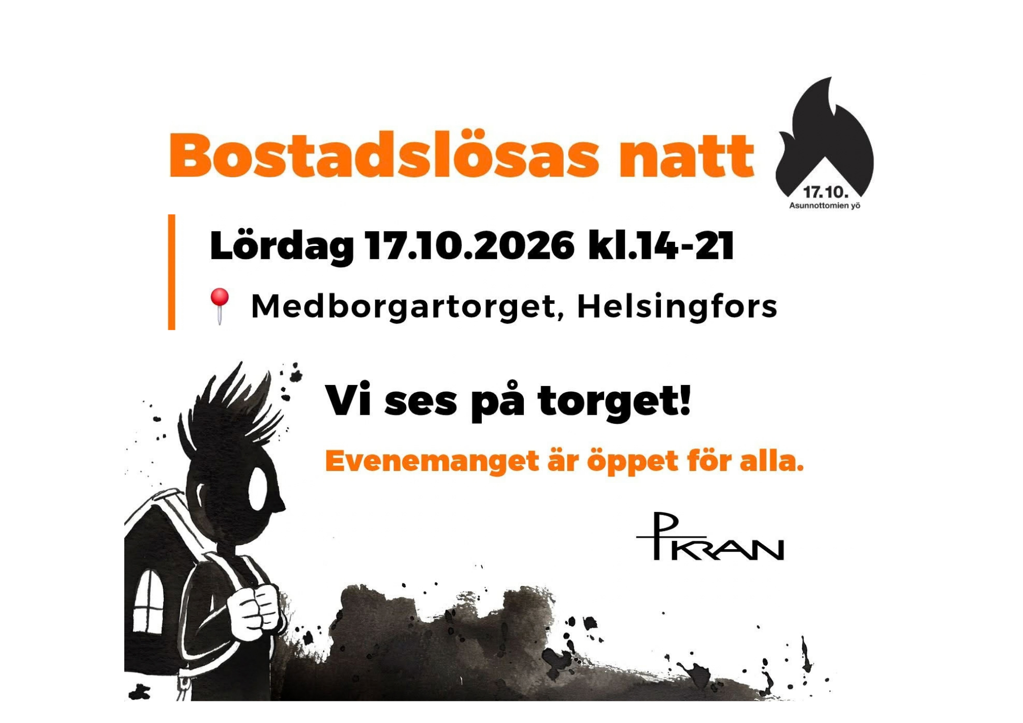 KRAN rf medverkar på Bostadslösas natt 17.10 i Helsingfors